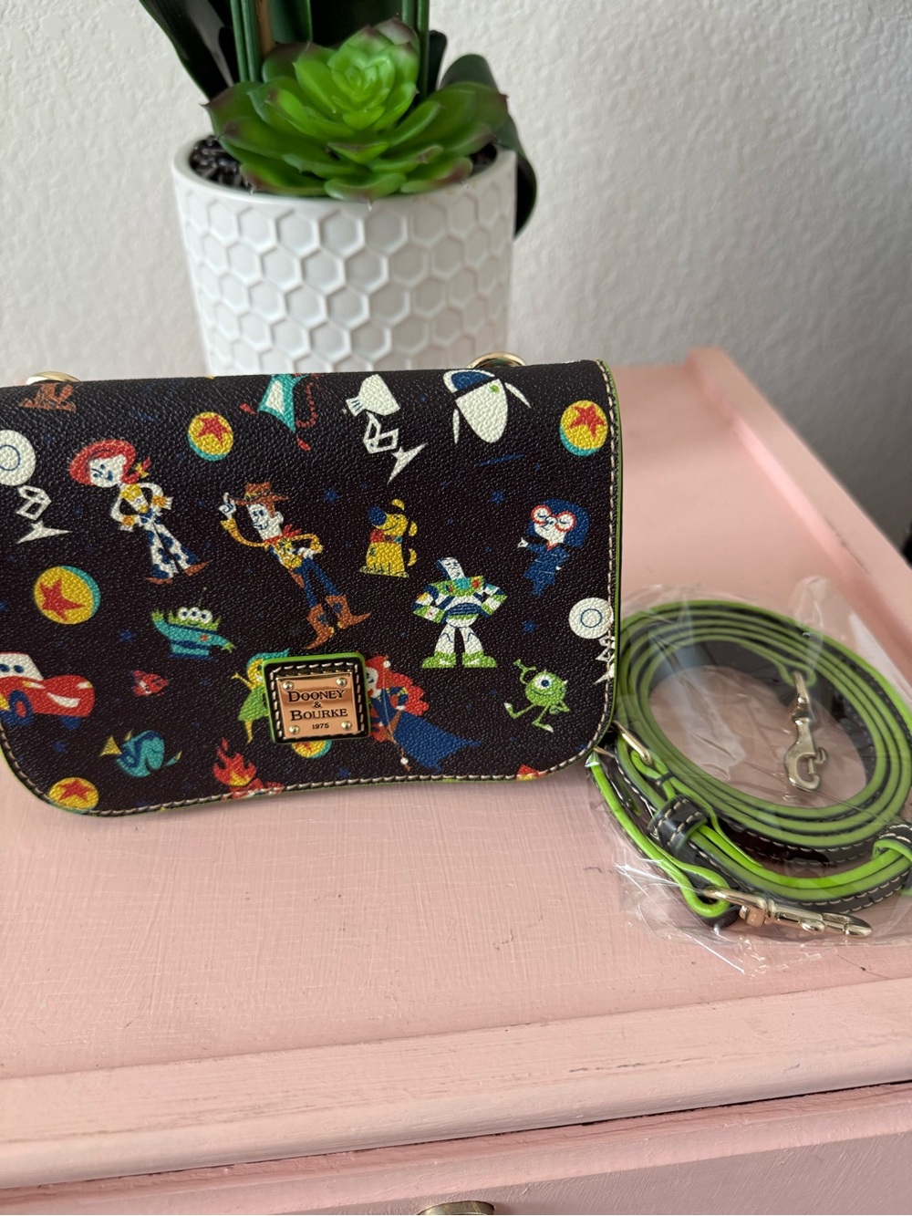 Dooney & Bourke Black Toy Story Character Crossbody Wallet with Green Strap